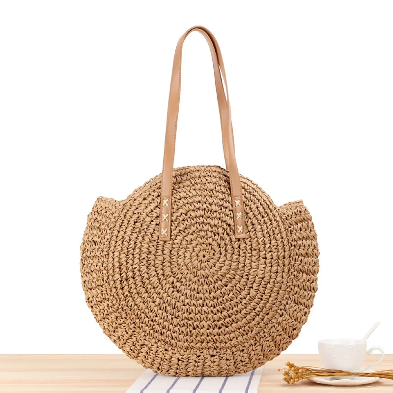

Round Straw Beach Bag Vintage Handmade Woven Shoulder Bag Raffia circle Rattan bags Bohemian Summer Vacation Casual