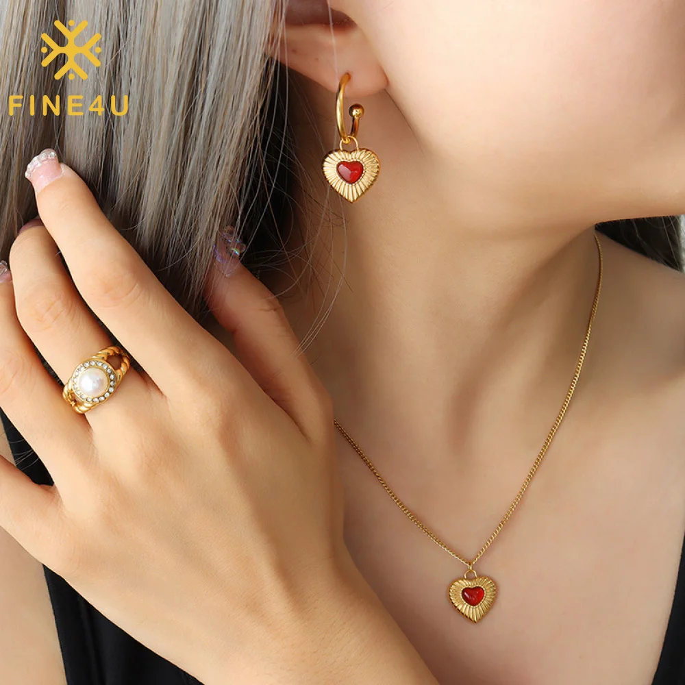 

New Vintage Fashion Agate Heart Shape Pendant Gold Plated Stainless Steel Jewelry Set For Women