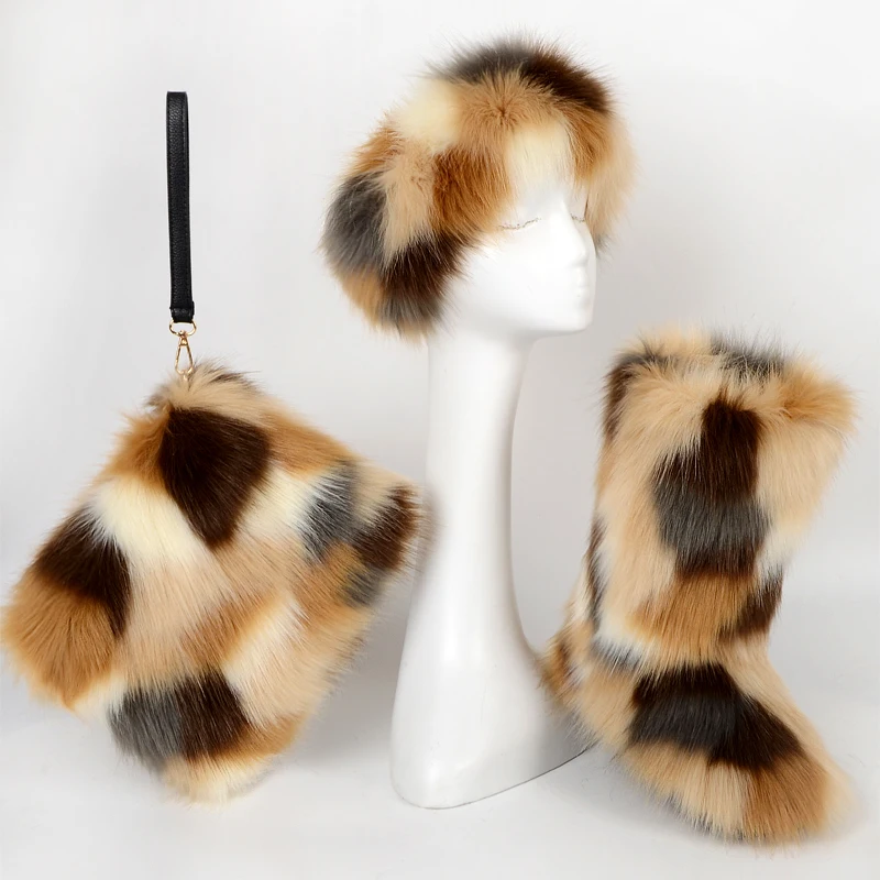 

Jtfur Mixed Multiple Color Wholesale Faux Fox Fur Winter Fur Knee Boots Headband Purse Set For Women, Customized color