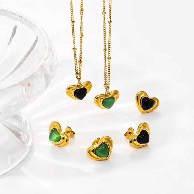 

Waterproof Stainless Steel 18K Gold Plated Green Heart Natural Stone Earrings Necklace Aretes De Mujer Jewelry Set For Women