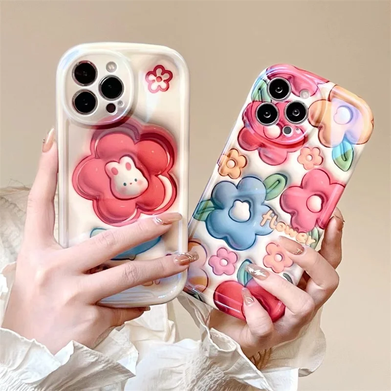 Cartoon Blue Light Flower Rabbit for iPhone14promax phone case Apple 13pro Anti-fall 12 female 11 Cute xs3D Flat xr Soft Set 14