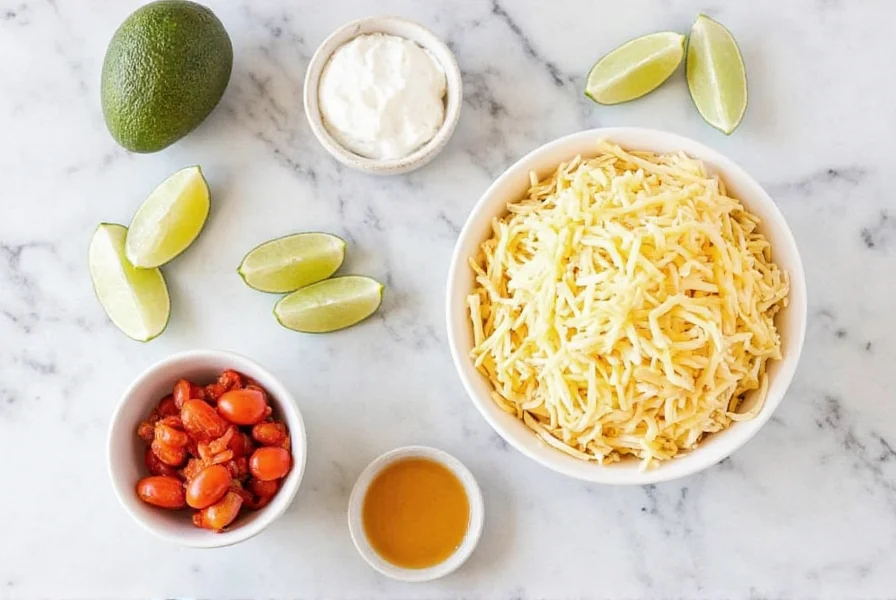 Variety of toppings for chicken chili including avocado, sour cream, cheese, and lime wedges