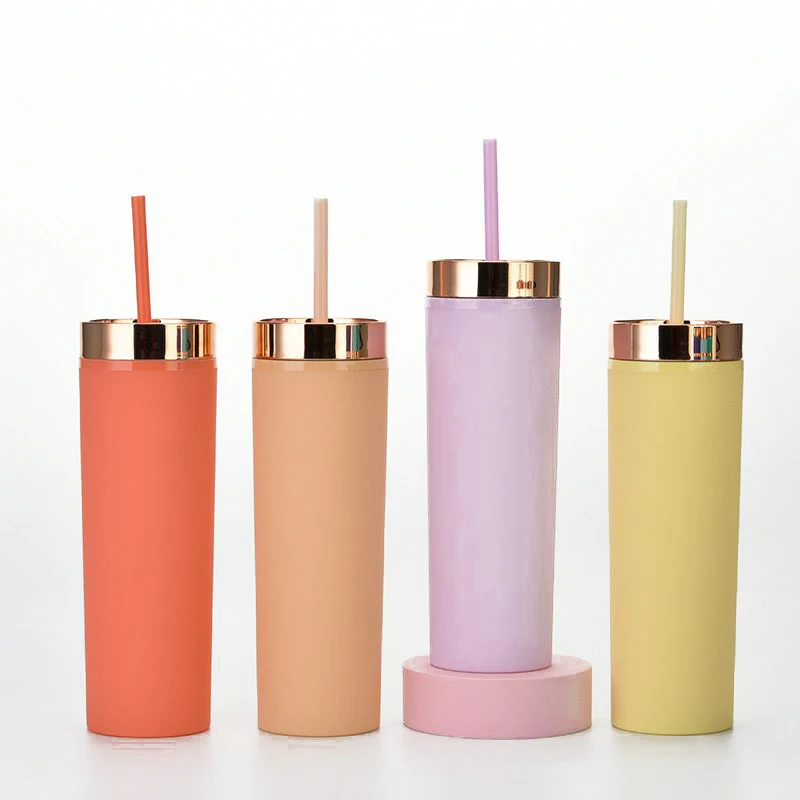 

16 oz double wall plastic tumbler with lid and straw straight body skinny water bottle