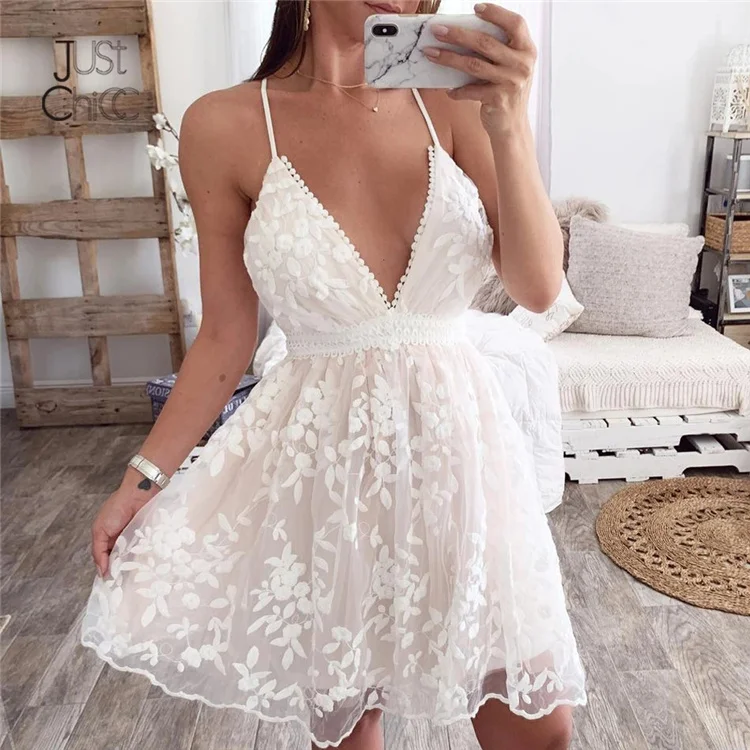 

Mesh Tulle Mini White Lace Dress Women Hollow Out Sleeveless V Neck Sexy Bodycon Dress Floral Dresses Vestidos Summer