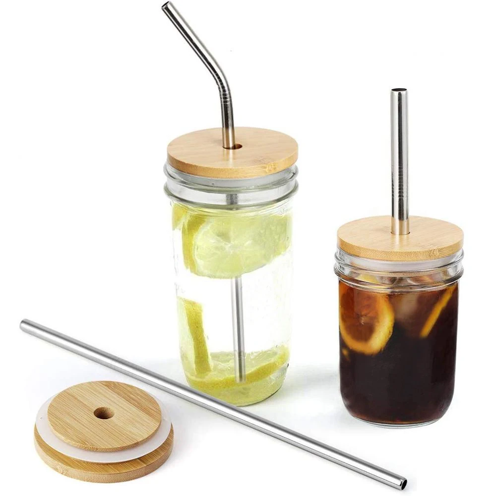bamboo lid with straw and mason jar