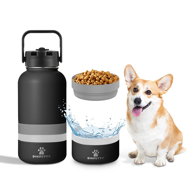 

2024 insulated stainless steel dog water bottle with 2 extra pet bowl for feed and snack easy outdoor travel