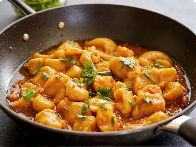 Homemade orange chicken sauce simmering in wok with fresh ingredients