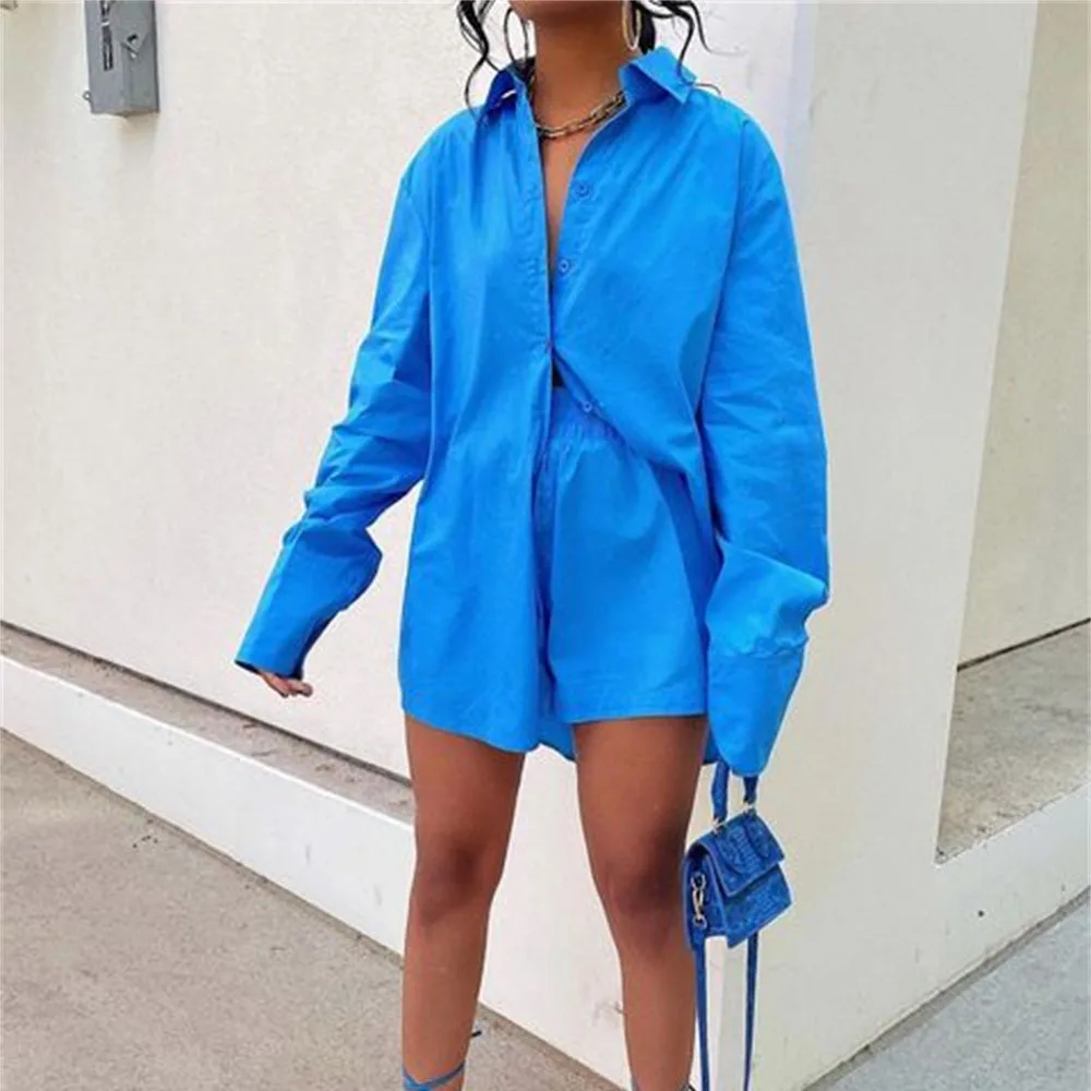 

2022 New Summer Women's 2 Two Piece Pink Long Sleeve Loungewear Outfits Plus Size Outdoor Shirt And Shorts Sets, Customized color