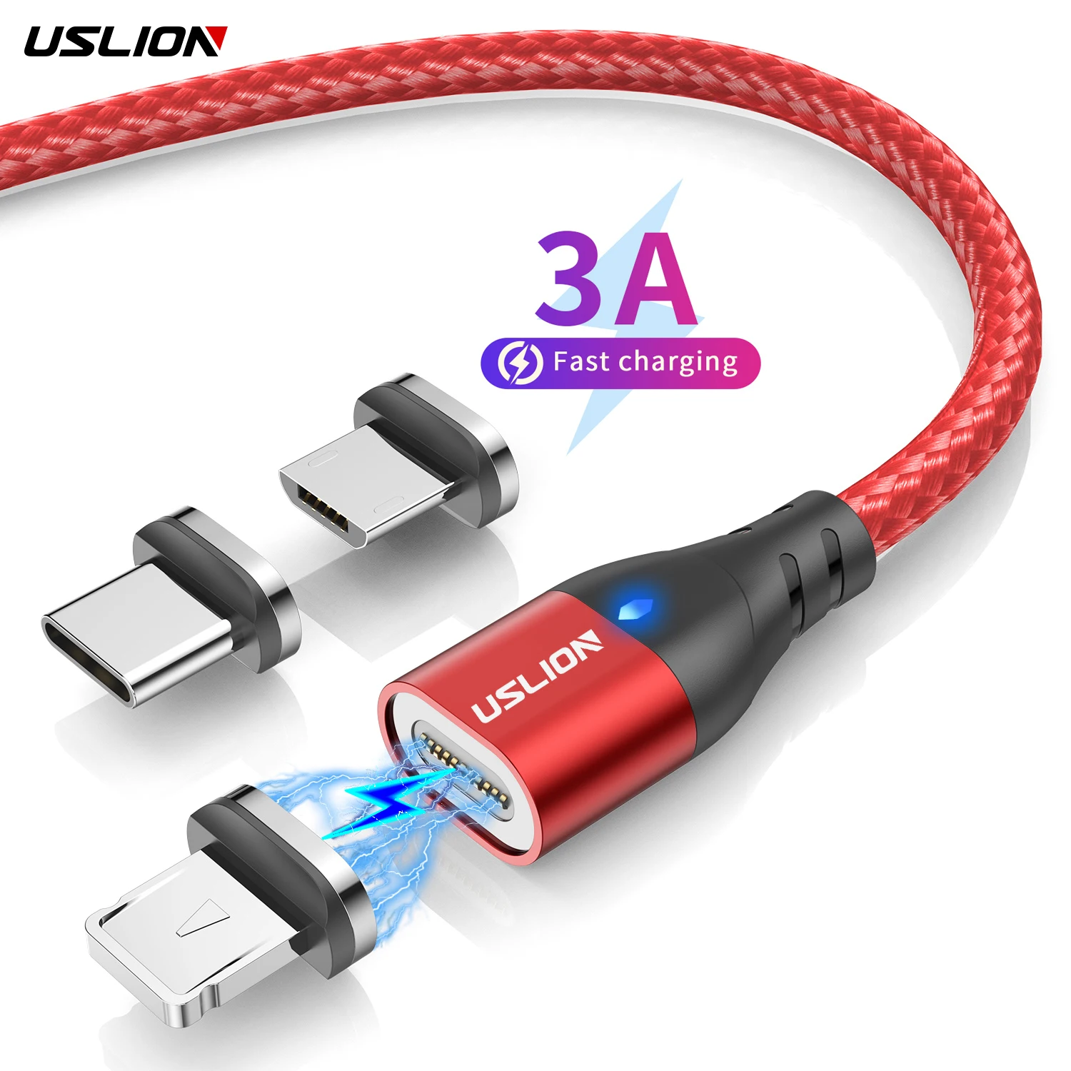 

USLION 3 in 1 1M Flat Cable Magnetic Charging Cable Charger Data Cables Micro USB Type C IOS for iQOO 9 NEO 6 5, Black red blue