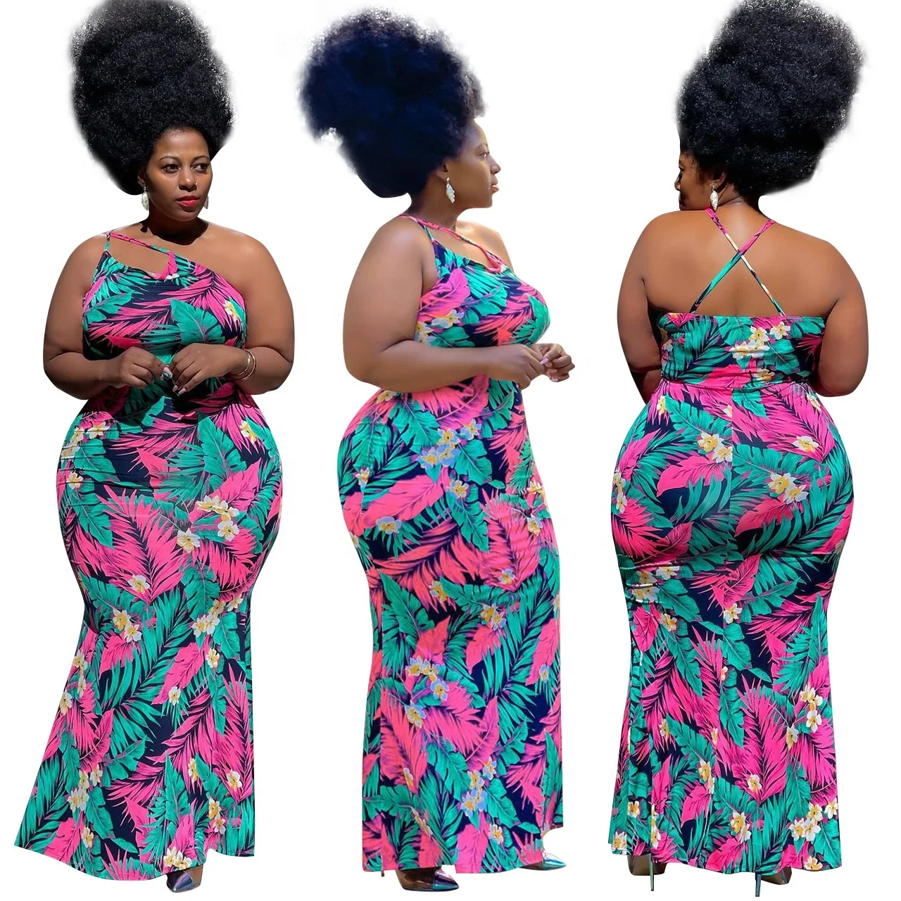 

B54761A Floral Print plus size clothing dresses Women Summer Casual mermaid long Dress, Shown