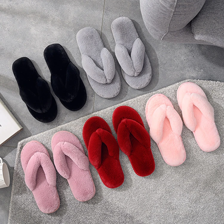 

Fuzzy Comfortable House Cozy Furry Slip On Flip Flops Women Faux Fur Slippers for Ladies, Black, pink ,grey, red