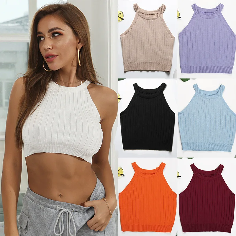 

Ladies Tank Top Ribbed Basic Summer Fashionable Casual Plain Halter Sleeveless Solid Women Blank Knit Crop Top, Picture