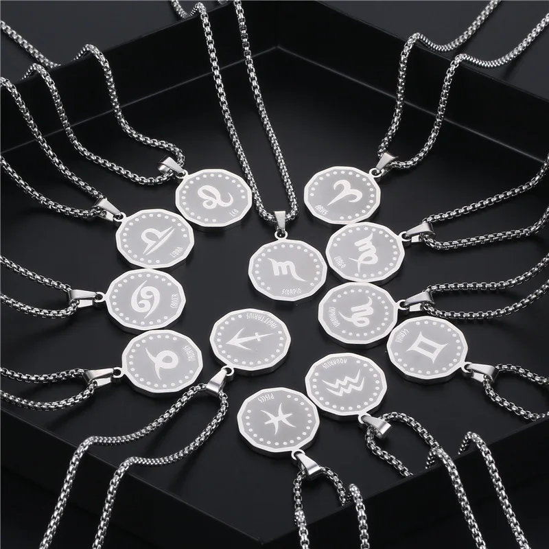 

Zodiac coin box chain necklace Stainless steel pendant Hip hop Couples Accessories Pendant Round card jewelry for women