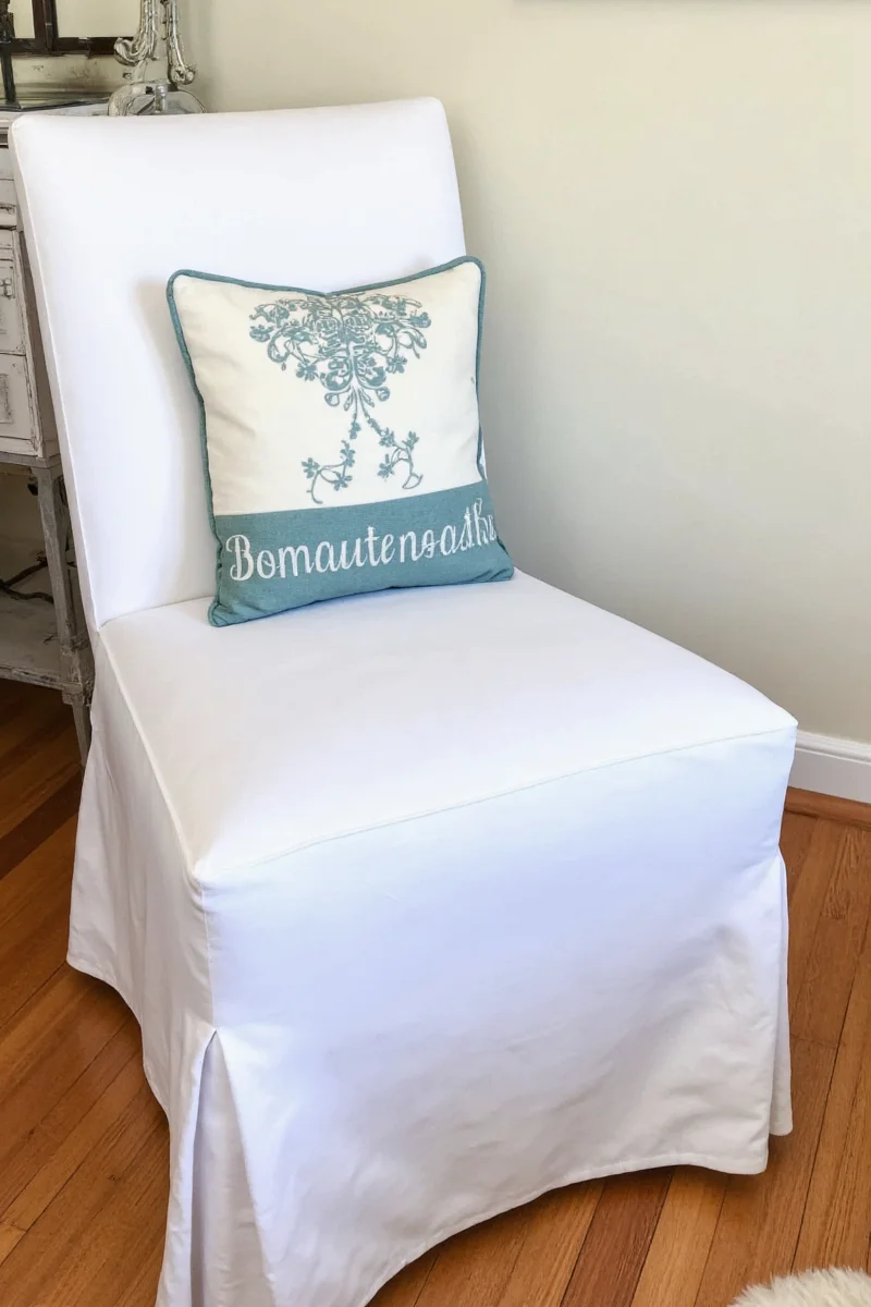Happy family relaxing around slipcovered white chairs
