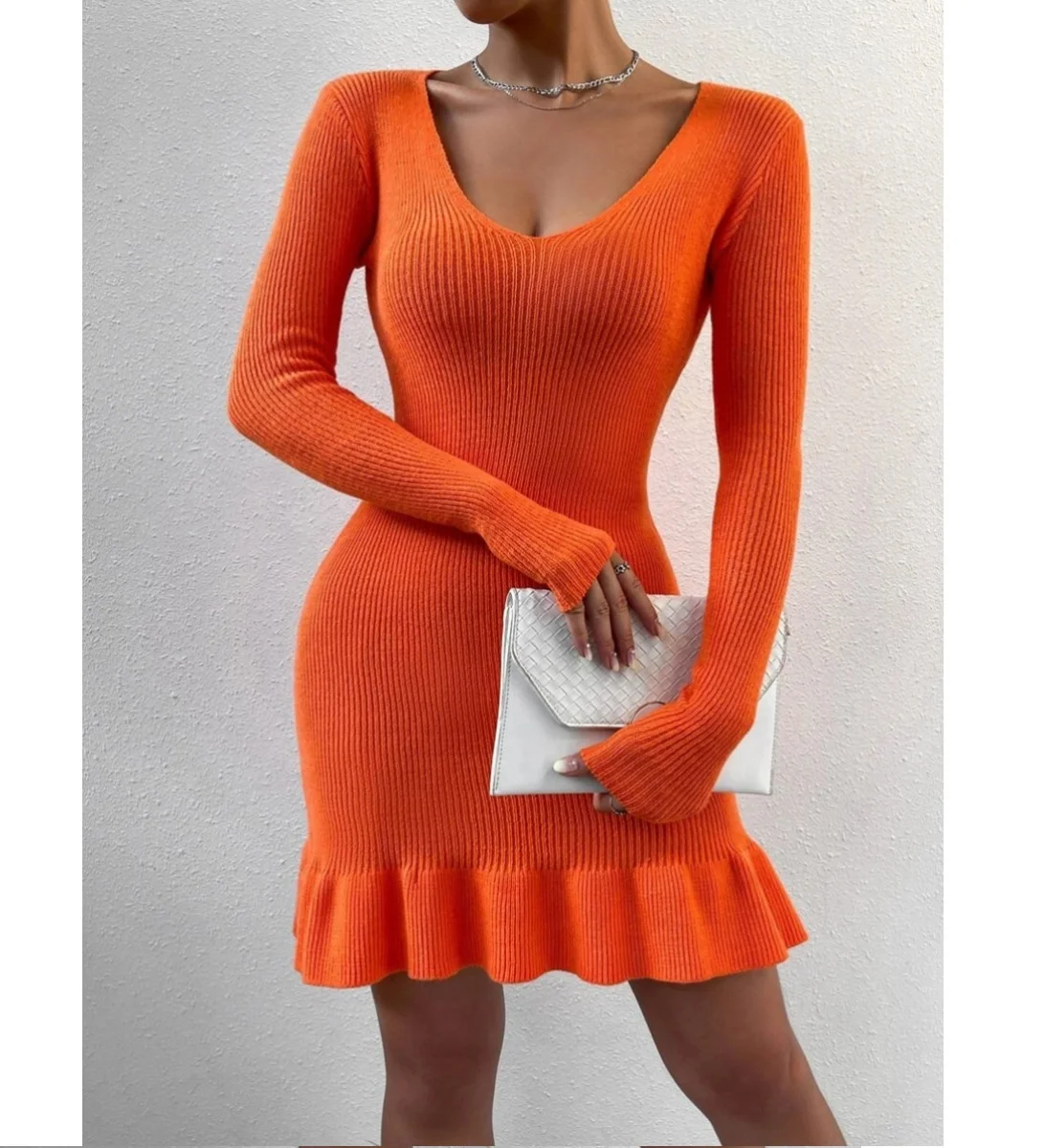 

Square Neck Long Sleeve Women'S Sweaters Dresses Elegant Casual Orange Ruffle Hem Knitted Winter Dresses Women