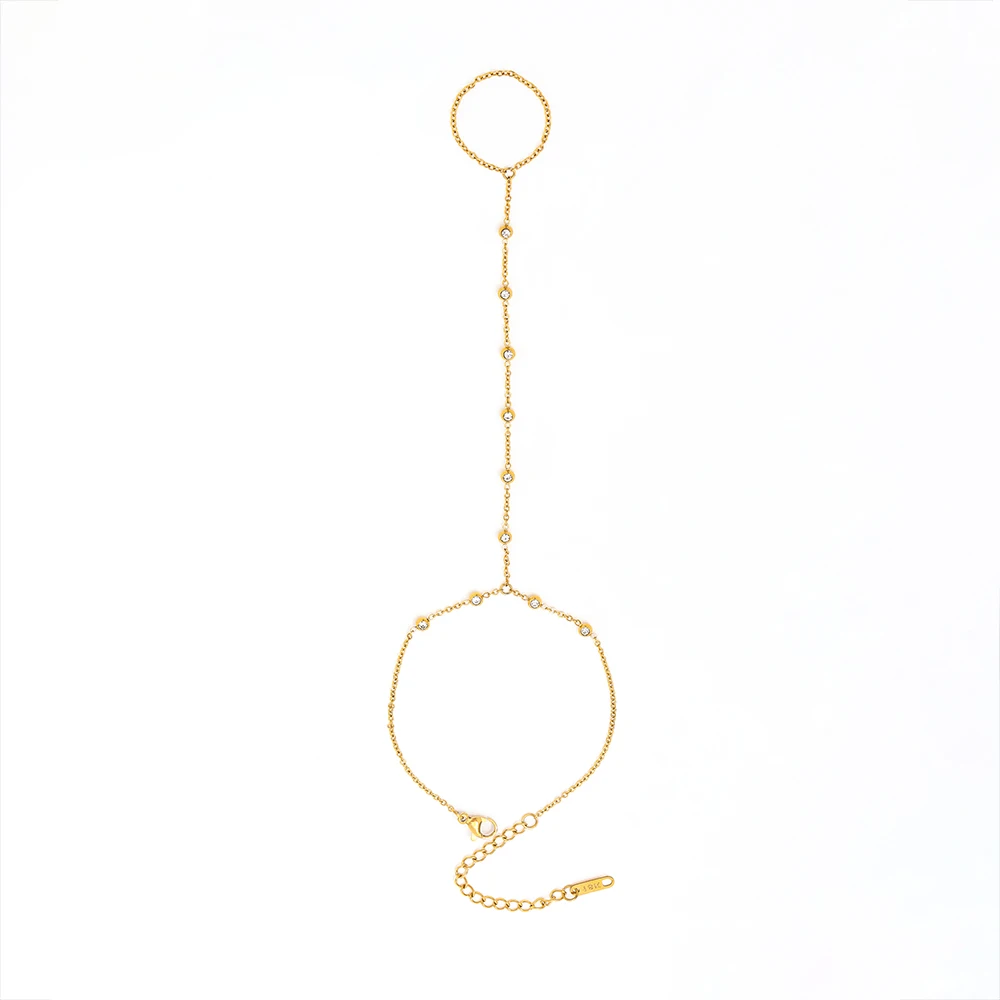 High-End  10 Ten Stones Stainless Steel Hand Chain Tassel Bracelet Ring Dainty Zirconia Fashion Style Jewelry for Women
