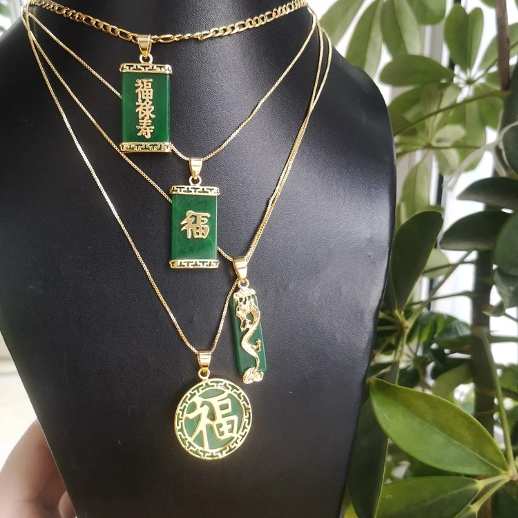 

jialin jewelry 2020ins wholesale green real stone fu happiness agate jade rectangle jade round shape pendant necklace