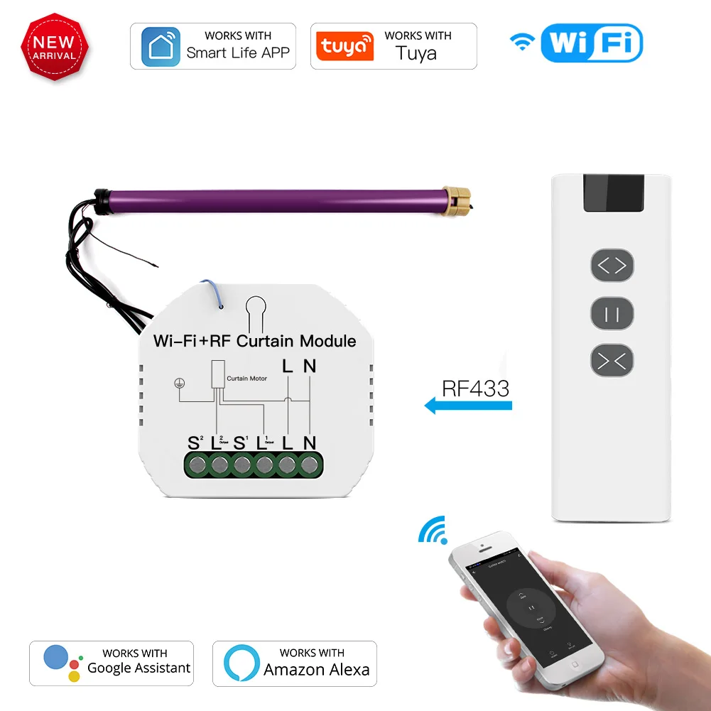 

[Set] 1pc Mini Smart Curtain Switch Module WiFi+RF433 with 1pc Remote Control, Tuya/Smartlife APP Remote Control, Alexa voice
