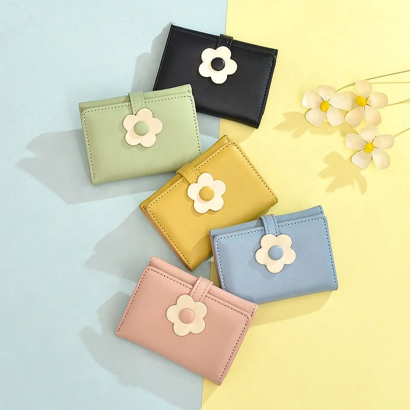 

Spring New Arrival Flower Buckle Folding Wallet Multi-card Ultra-thin Coin Purse Short Multi-function Wallet For Girl, 5 colors