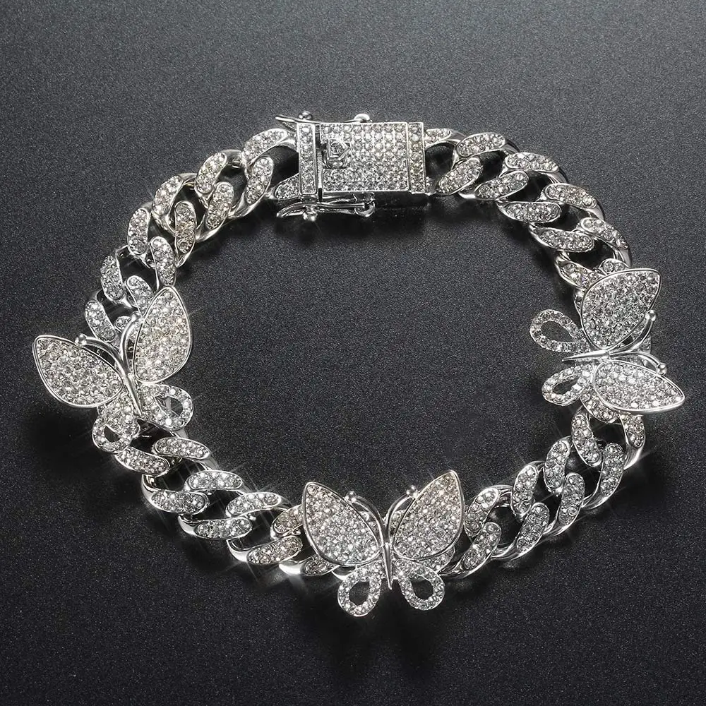 

HPXmas Hip Hop Jewelry Women Butterfly Anklet Chain Silver Color Cuban Link Anklet Crystal Diamond Anklets Wholesale