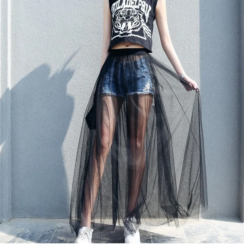 

JIEZuoFang Summer Long Lace Skirt Women Black White Mesh Voile Casual Skirts low Waist Bohemian Sexy Transparent Maxi wear
