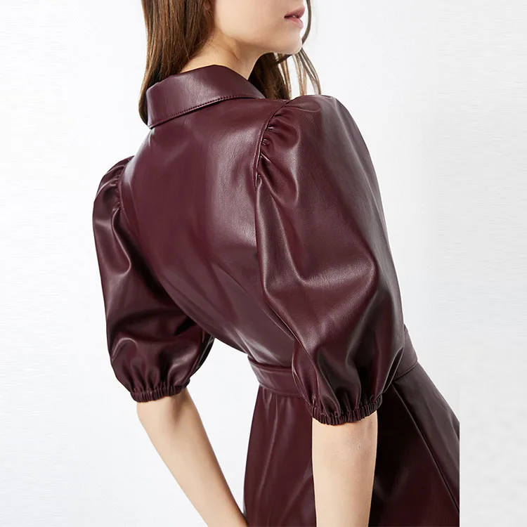Fashion Ladies Pu Leather Dress Short Sleeve Mini Women Casual Leather