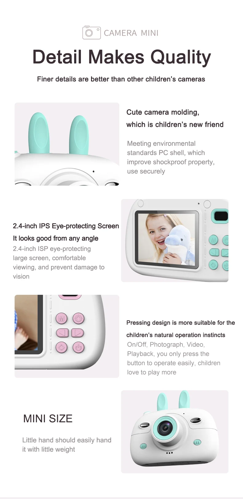 Cute A3 Kids Camera Toys 2.4 inches Digital Kids Camera Front Camera 800w Pixels Double-flashlight Support 32G