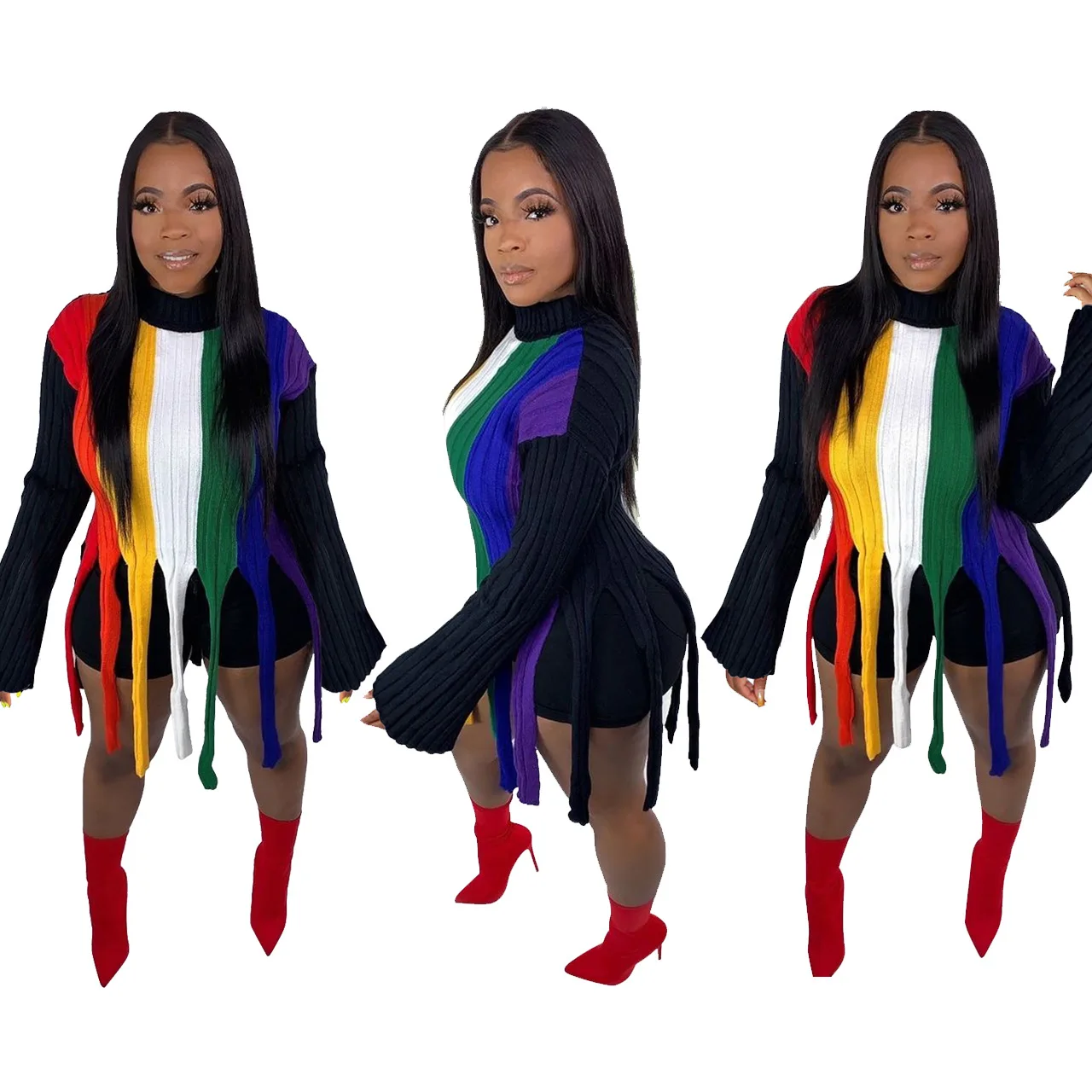 

2021 Fall Fashion Designer Long Crop Top Thick Rainbow Stripe Tassel Winter Oversized Knit Sweater Women, Picture color