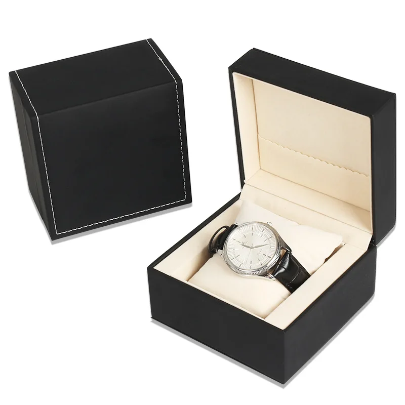 

N972 Luxury Hard Watch Box Gift Boxes Leather with Pillow Jewelry Watch Packaging For Bangle WristWatch Box, Black/ivory liner