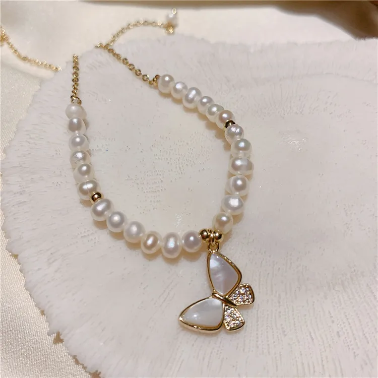 

Dainty Butterfly Charm Bracelets Minimalist Freshwater Pearl Jewelry For Women Girl Bracelet, Picture shows