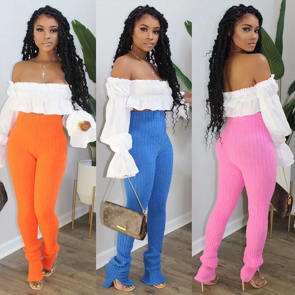 

Fashion casual high waist bodycon pants solid knitted women trousers winter Ladies stacked pants