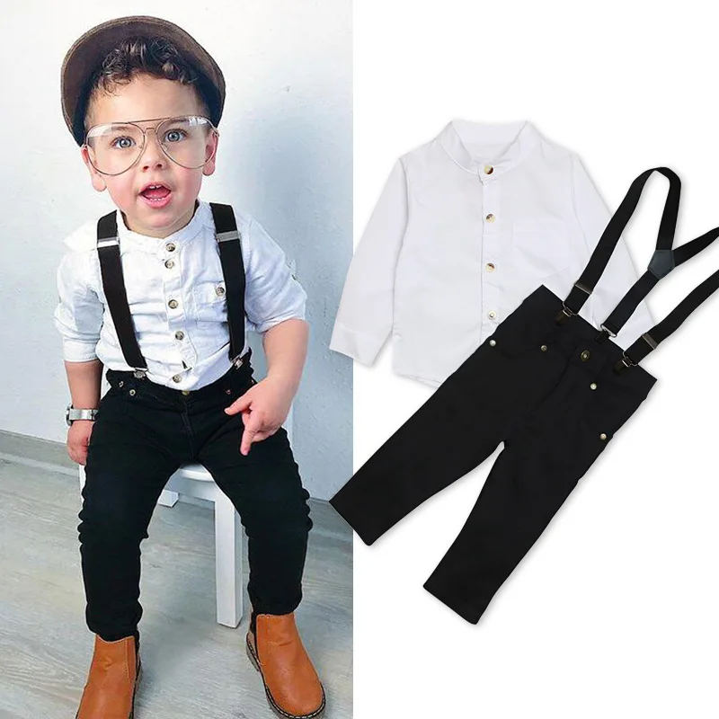 

Children's spring and autumn new boys long-sleeved white shirt top + trousers three-piece children's clothing, Black white