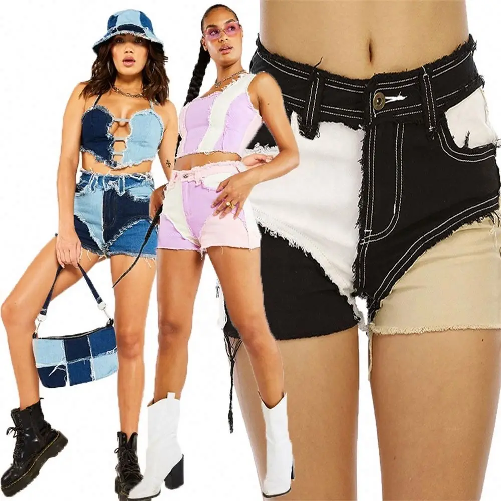 

Custom Logo 2021 new arrivals mid waist Fashion Skinny Jeans Stitching Beggar Women Denim Shorts Pants jeans lady
