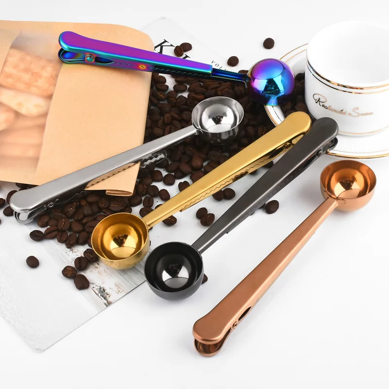

2 in 1 Gold Stainless Steel Metal Coffee Scoop Spoon and Bag Clip with Custom logo, Customized color