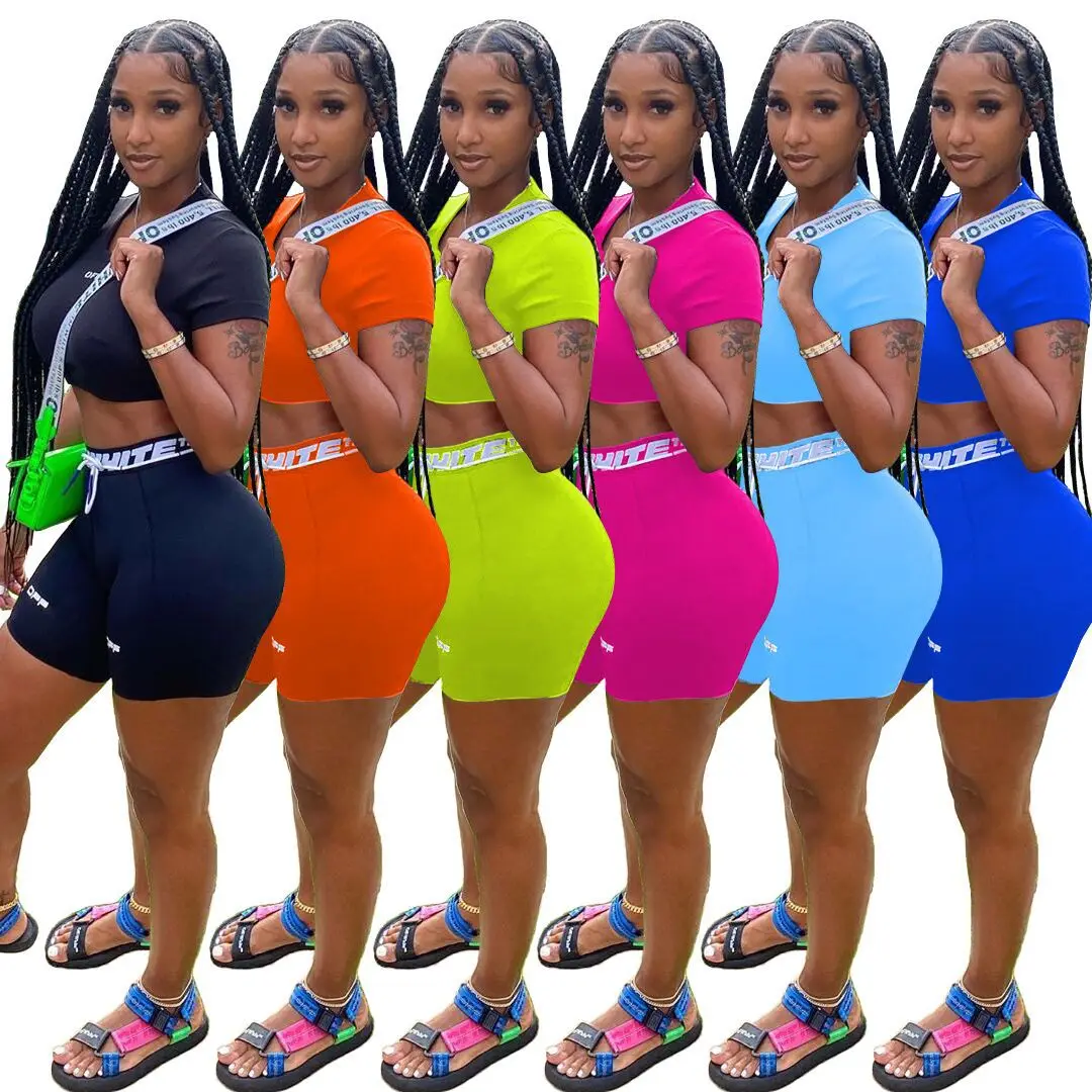 

LLDRESS 2021 Sexy Letter Print Skinny Stretchy 2 Pcs Short Outfit Summer Women Two Piece Set, Picture