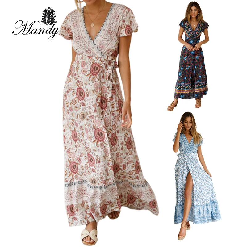 

2021 New arrival V-neck Bohemian ball gown beach maxi dress sexy for ladies