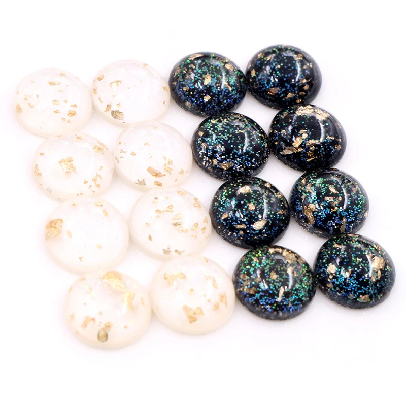 

New Style 40pcs 12mm 10mm 8mm Black White Built-in Gold Color leaf Style Flat back Resin Cabochons Fit 8-12 mm Cameo Cabochons