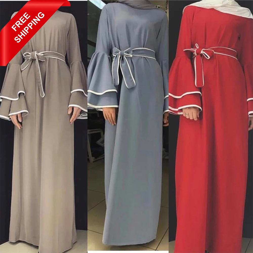 

Arabic New Design Middle East Plain Color FREE SHIPPING With Belt Women Abaya Muslim Dresses Islamic Clothing, Red.gray.beige.black