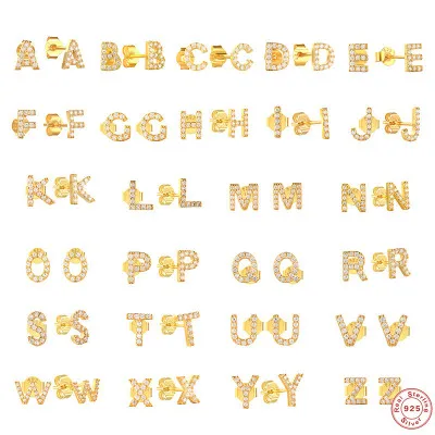 

Minimal 18k Gold Alphabet Earring 925 Sterling Silver CZ Initial Stud Earrings Romantic alphabet necklace, Silver, gold