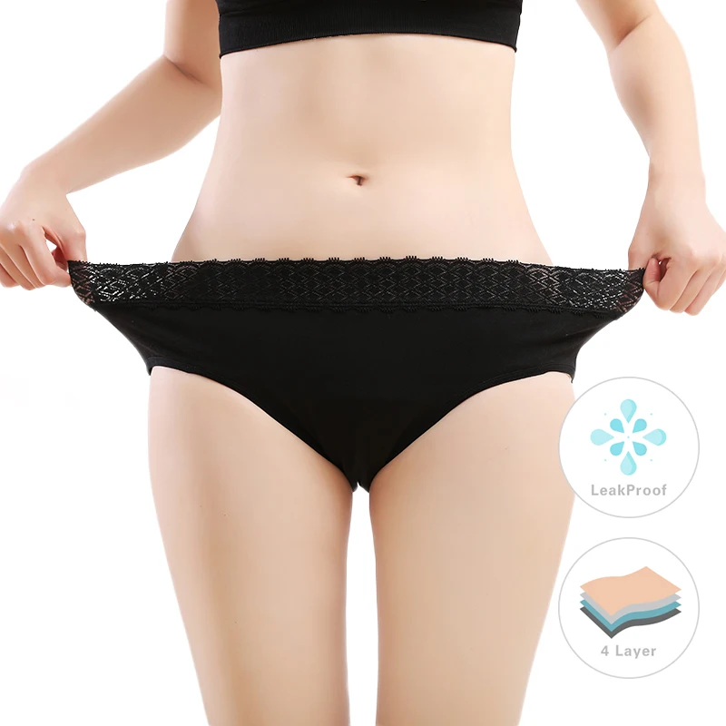 

LEVEL 044 Absorbent Mid Waist Lace Menstrual 4 Layers Leak proof Period Panties for women, Black or customized