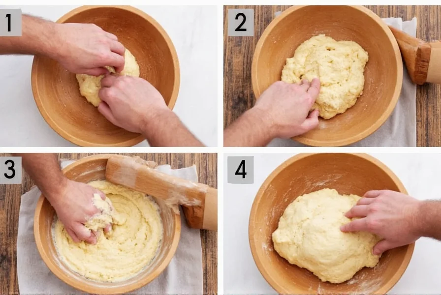 Step-by-step process of making cinnamon roll dough with hands kneading in a wooden bowl