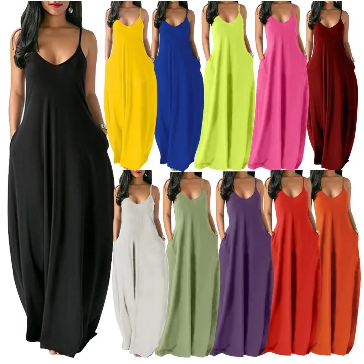 

X1115 new arrivals fashionable solid color sexy deep V neck suspender maxi dress ladies thickened long dresses women summer