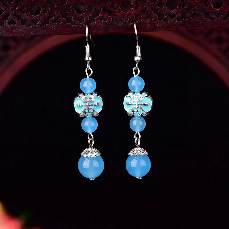 

New Arrival 2021Jewelry Wholesale Hanfu Eardrop Retro Chinese Style National Cloisonne Women Fashion Earrings, Blue