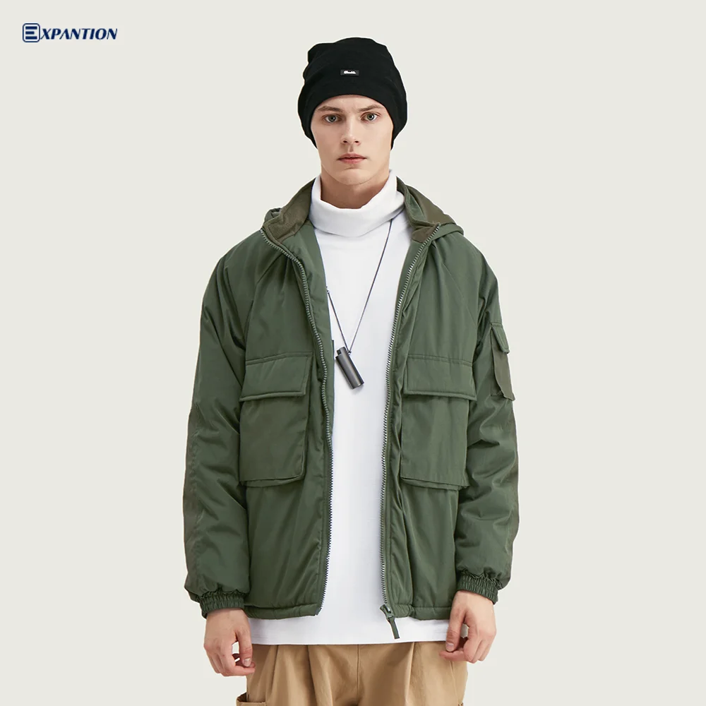 EXP Fashion New Arrivals Winter Stitching Color Block Men parka coats Hip Hop Loose Fit Hooded Jackets