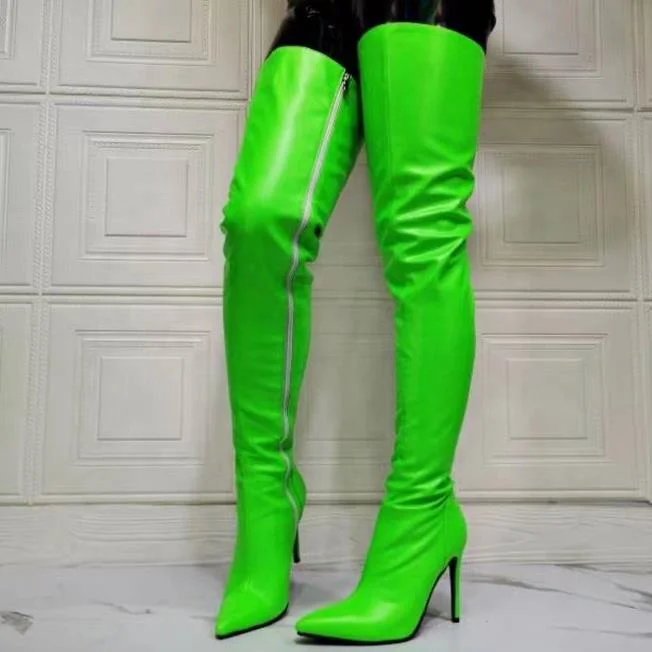 

High Top Green Color Fashion Solid Women Over Knee High Boots Side Zip Stiletto Lady Pointed Toe Thigh High Long Booty Big Size