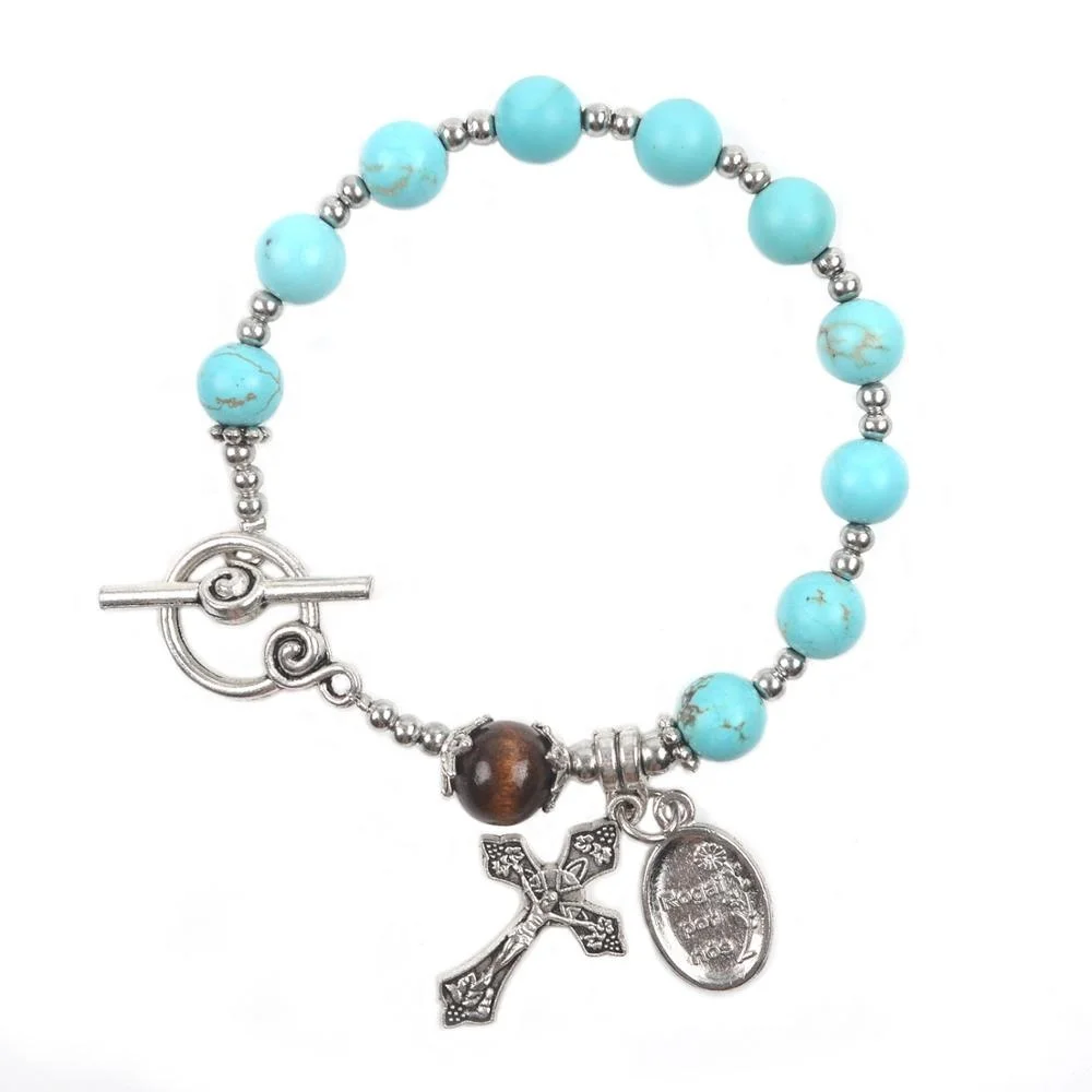 

Natural Stone Rosary Turquoise 8mm Beads Bracelet with Our Lady of Fatima Pendant, Blue