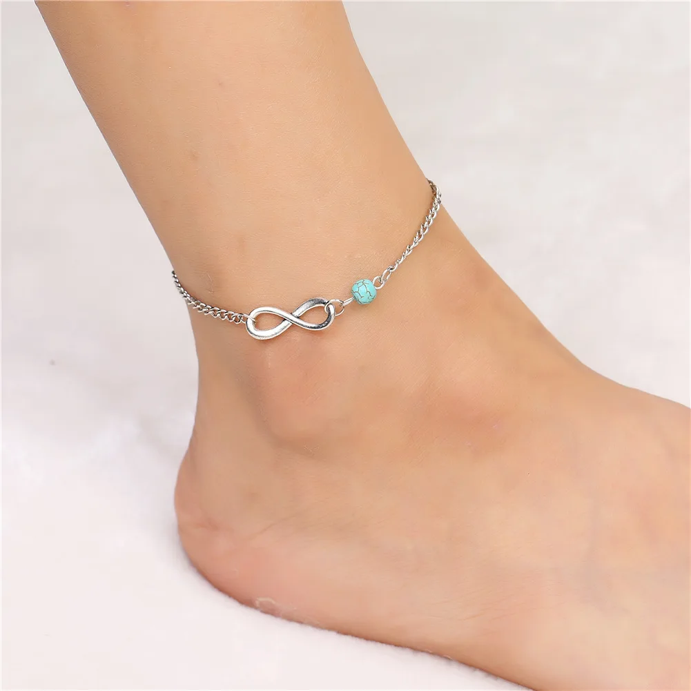 

2021 Hot Selling Anklets Turquoise Beaded Chain, eight character Anklets MOQ1pcs, Silver color
