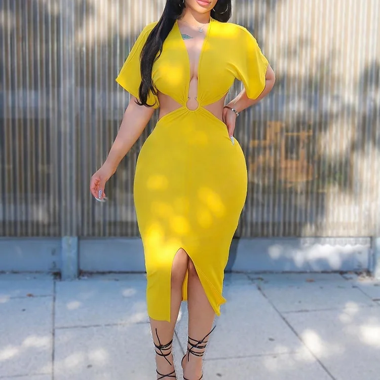 

MOQ 1PC Sexy Hollow Out Irregular V Neck Split Short Sleeve Bodycon Dress, Yellow,rose red,black