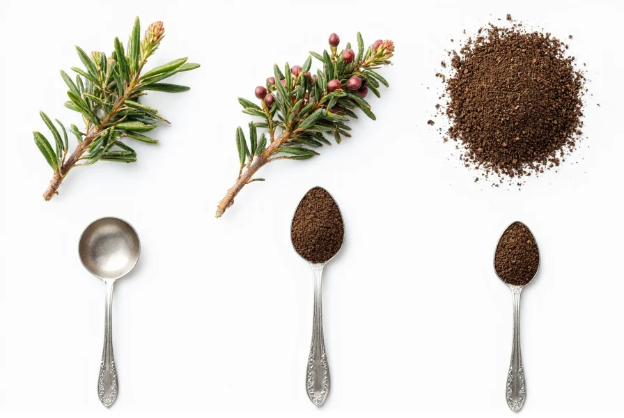 Juniper berries displayed in various preparation stages: whole on branch, crushed, and ground, with measuring spoons showing appropriate culinary portions