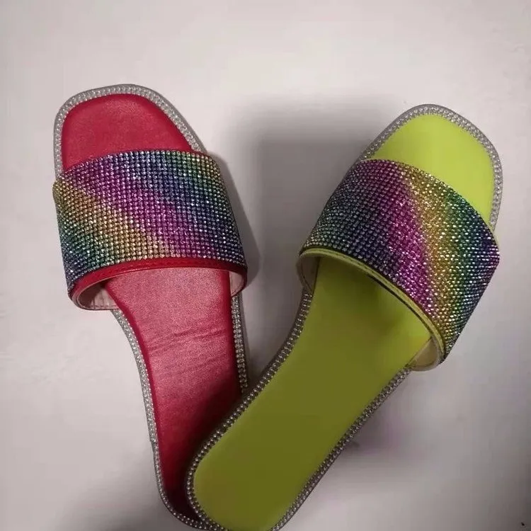 

Plus Size Ladies Sandals Flat Glitter Sandals Rhinestone Jelly Purse Shoes for Women Summer Slipper Bling Rainbow Chanclas